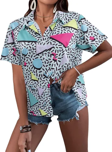 Vista 4 de Trajes de los años 80 y 90 para mujer, camisa de discoteca retro para fiesta temática de los años 80, camisa hawaiana de neón con botones y manga