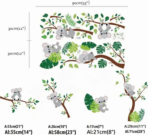 Vista 4 de Runtoo Koala - Calcomanías de pared de hojas de palmera de animales, calcomanías de pared para dormitorio de niñas, guardería, decoración de pared
