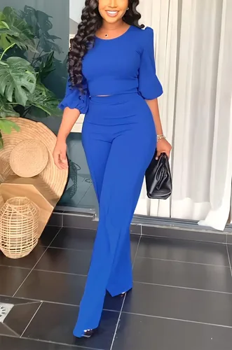 Vista 2 de Vssjavun Conjunto de dos piezas para mujer, manga abombada, elegante, cuello redondo, pantalones de pierna ancha