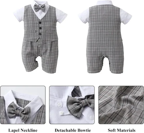 Vista 4 de HOSUKKO - Traje de bebé para caballero, mamelucos + boina + corbatín (0-24 meses)