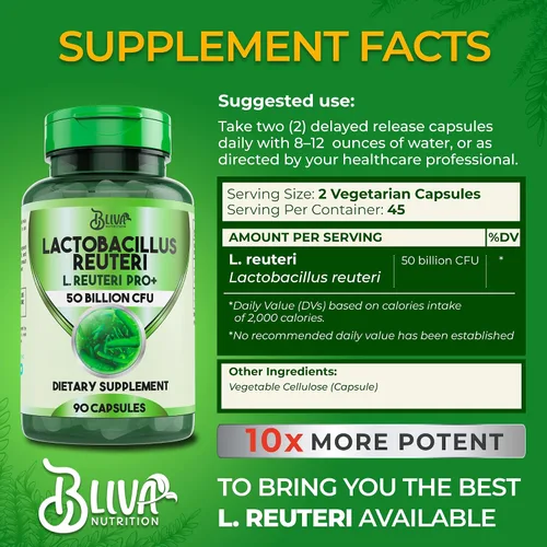 Vista 2 de Cápsulas BLIVA Lactobacillus Reuteri – L Reuteri - 50 mil millones de UFC por porción - Suplemento de L Reuteri con la mayor cantidad de UFC - 90