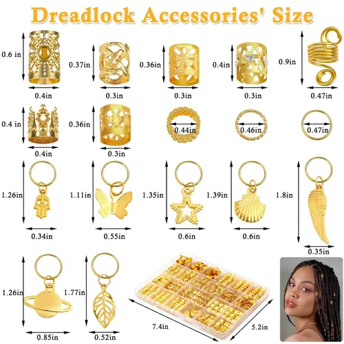 Vista 2 de 280 piezas de joyería para el cabello para mujer, dijes para el cabello, cuentas para trenzas, joyería para rastas, trenzas doradas ajustables