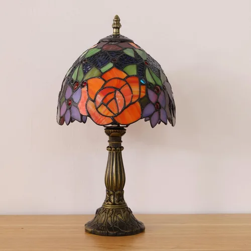Vista 5 de Lámpara de Mesa Estilo Tiffany 3 Temperaturas de Color Lámparas de Vidrio Emplomado con Flores Rosas Lámpara de Mesa Pequeña Antigua para Mesita