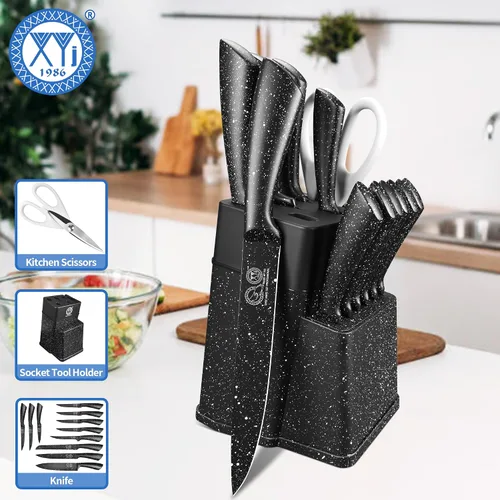Vista 8 de XYJ juego de bloque con cuchillos de cocina, de acero inoxidable, con soporte, juego de cuchillos de chef profesional japonés, cuchillos para carne