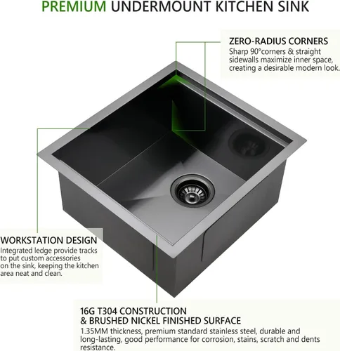 Vista 3 de MESIDA 15 x 15 x 8 Inch Black Single Bowl Kitchen Sink SUS304 Undermount Stainless Steel Kitchen Sink