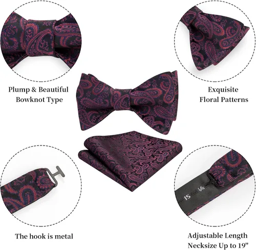 Vista 211 de HISDERN Pajaritas para hombre, corbatín de cachemira para hombre, corbata de lazo y bolsillo cuadrado, juego formal de esmoquin para boda