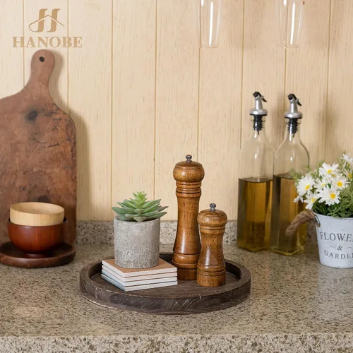 Vista 8 de Hanobe Bandeja para portavelas: bandeja decorativa de madera redonda rústica, centro de mesa, pequeño portavelas para mesa de café, sala de estar
