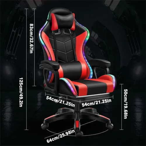 Vista 2 de Silla de juegos para adultos con reposapiés y masaje, silla de videojuegos con altavoces y luces LED RGB, piel sintética, sillas ergonómicas