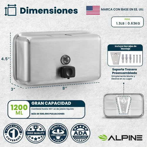 Vista 8 de Alpine Dispenser de jabón líquido manual, amurado, de acero inoxidable, 40 onzas de capacidad., Acero inoxidable, 1
