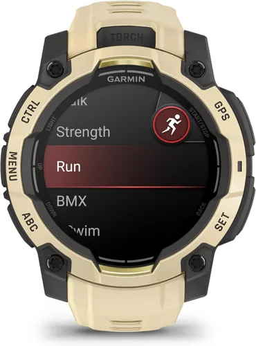 Vista 2 de Garmin Instinct® 0.118 – 1.772 in, pantalla AMOLED, resistente reloj inteligente GPS para exteriores, linterna incorporada, colección Alpine Rush