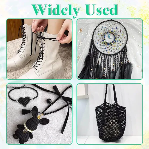 Vista 5 de anezus - Cordón de satén de nailon negro, cordón de nailon negro sedoso para pulseras trenzadas, collares colgantes, llaveros de macramé, cordones
