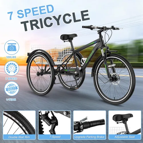 Vista 3 de Slsy Triciclo de montaña para adultos, bicicleta de tres ruedas de 7 velocidades, triciclos para adultos de 24/26 pulgadas para personas mayores