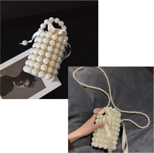Vista 2 de YIFEI Bolsos hechos a mano con cuentas pequeñas perlas para mujer, con cadena desmontable, para fiesta de boda, Blanco