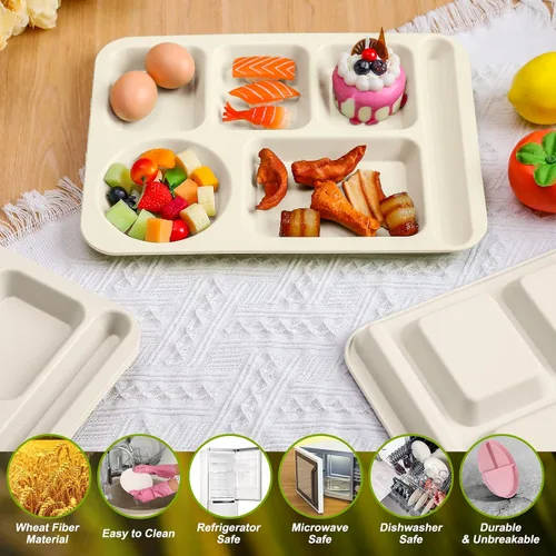 Vista 3 de Pinkunn 8 platos divididos irrompibles grandes de 14 pulgadas para niños y adultos, bandeja de paja de trigo apta para lavavajillas, microondas
