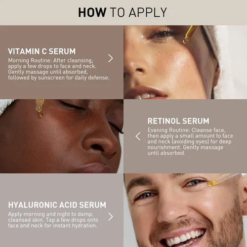 Vista 4 de Juego de 3 sueros faciales – Incluye vitamina C, retinol y ácido hialurónico – Reafirmante, ilumina e hidrata – Restablece tu piel día y noche