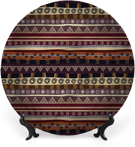 Vista 16 de Platos decorativos, adorno con estampado tribal, diseño de rayas estilo de cultura maya azteca, 6 pulgadas, 1 plato con 1 soporte de exhibición