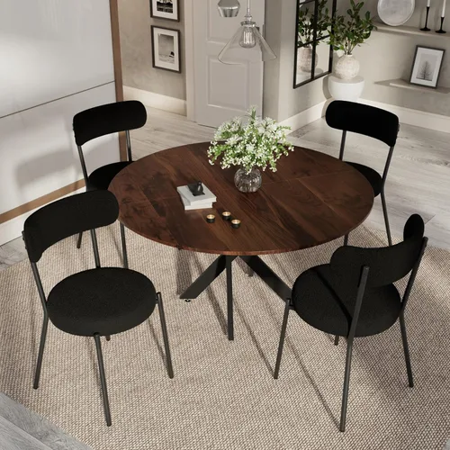 Vista 29 de Moderno juego de mesa de comedor redonda de 3 piezas, mesa de MDF circular negra y 2 sillas de comedor negras Boucle, muebles de cocina con marco