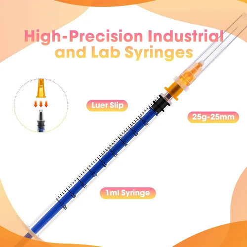 Vista 2 de Paquete de 100 jeringas de 1ml con aguja - 25G 1 pulgada Jeringa desechable de 1cc para uso en laboratorio científico, estéril envuelta