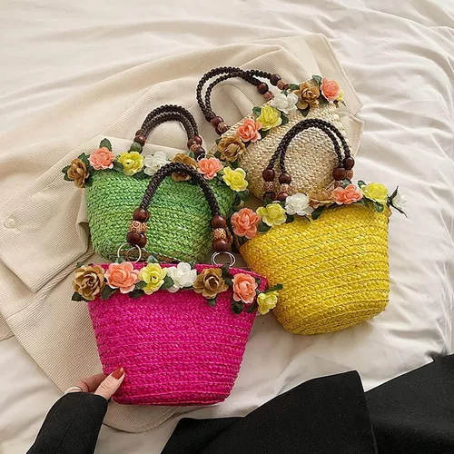 Vista 7 de Bolso de mano de paja de flores para mujer, bolso de hombro con asa trenzada retro de verano, bolso de hombro bohemio para playa y viaje
