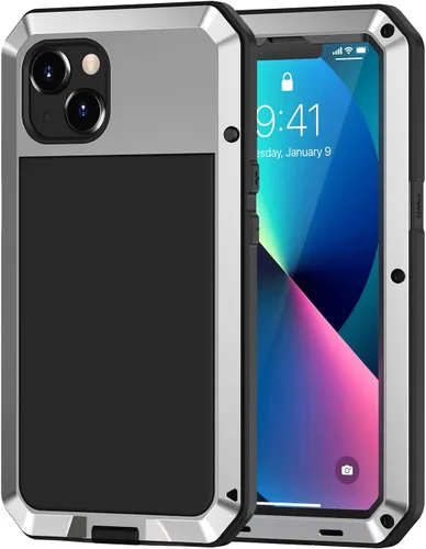 Vista 8 de Lanhiem Funda de metal para iPhone 13, resistente a los golpes, con protector de pantalla de vidrio integrado, funda protectora de cuerpo completo