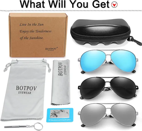 Vista 6 de BOTPOV Gafas de sol de aviador para hombres y mujeres, polarizadas, protección UV400, lente espejada, marco de metal con bisagras de resorte..