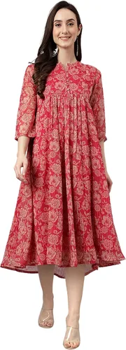 Vista 2 de Janasya Indian - Vestido acampanado de gasa rosa oscuro con estampado floral lúrex para mujer