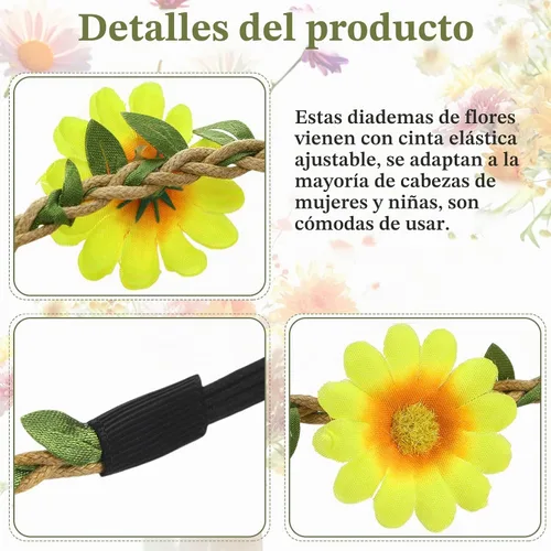 Vista 4 de Bememo - 12 diademas de flores de margarita, corona floral hippie Brillante