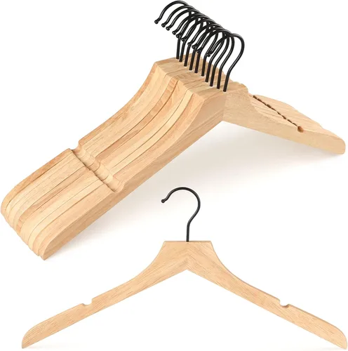 Vista 12 de TOPIA HANGER Perchas de madera de bambú, perchas con gancho negro giratorio y nothces de corte liso, juego de 12 perchas de madera duraderas