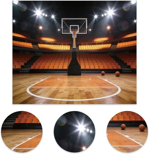 Vista 4 de Telón de fondo de baloncesto para decoración de fiesta de baloncesto, pancarta de 5 x 3 pies, foco de estadio, fotografía, telón de fondo