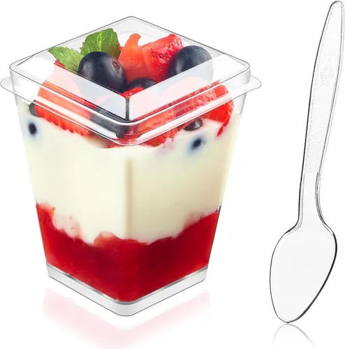 Vista 8 de Kucoele Paquete de 100 tazas de postre de plástico de 5 onzas con tapas y cucharas, tazas de parfait transparentes, tazas de pudín, mini tazas