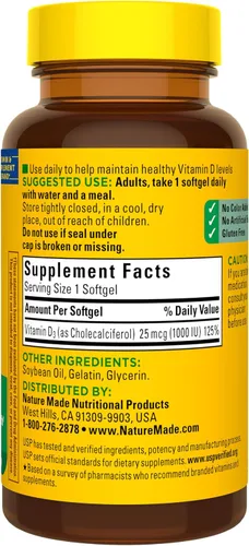 Vista 7 de Nature Made Vitamina D3 1000 UI (25 mcg), 100 cápsulas blandas de vitamina