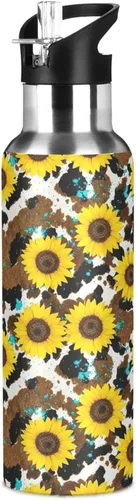 Vista 8 de Yellow Sunflowers Rustic Cow Print Stainless Steel Water Bottle 20 Oz Leakproof Water Bottles, BPA-Free Sport Water Bottle Insulated