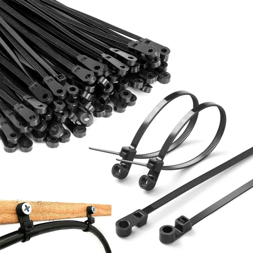 Vista 7 de Bridas de cremallera negras de 8 pulgadas con agujero de tornillo, bridas de cable resistentes para cables de 75 libras con cabeza montable