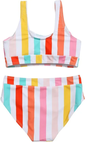 Vista 2 de SheIn Conjunto de tankini de cintura alta a rayas para niña con cuello redondo, traje de baño de dos piezas