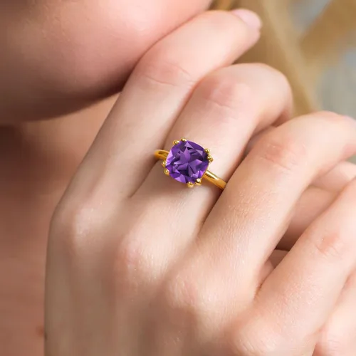 Vista 4 de Gem Stone King 3-5 Cttw Gemstone Birthstone Double Prong Solitaire Ring for Women 18K Yellow Gold Plated Silver Cushion 10MM Anniversary