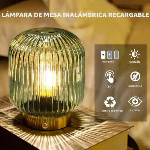 Vista 2 de MJ PREMIER Lámpara de mesa recargable, lámpara inalámbrica con función de memoria, verde Pequeña lámpara de cristal LED con brillo de Dimmable