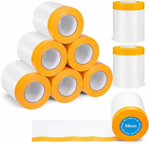 Vista 9 de Seajan 9 rollos de plástico con cinta adhesiva precintada para pintar pintura automotriz, película protectora, rollo de cinta adhesiva de plástico
