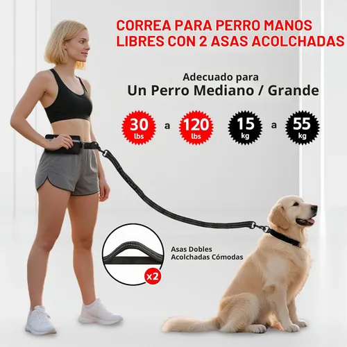Vista 2 de Correa de perro manos libres con cinturón de cintura y bolsa grande, correa de cintura para pasear perros, correr, senderismo y trotar, asas