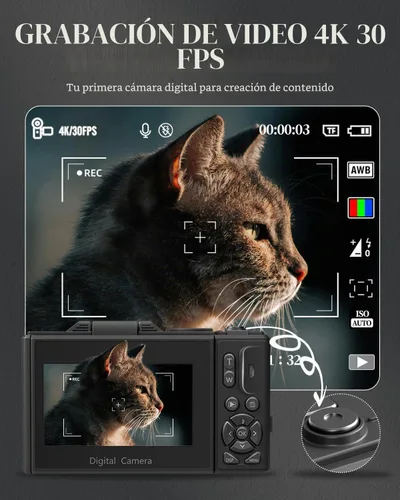 Vista 2 de Cámara digital 4K para principiantes y adolescentes, cámara de enfoque automático para vlogging con pantalla abatible de 180°, zoom 18X, cámara