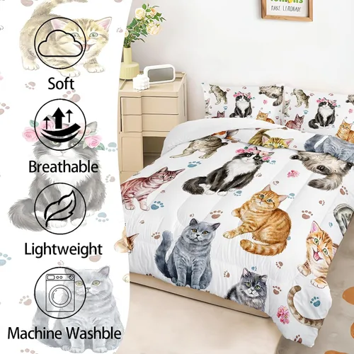 Vista 3 de AILONEN Juego de ropa de cama con estampado de gato en acuarela, tamaño individual con gatos y huellas para niños y niñas, juego de edredón suave