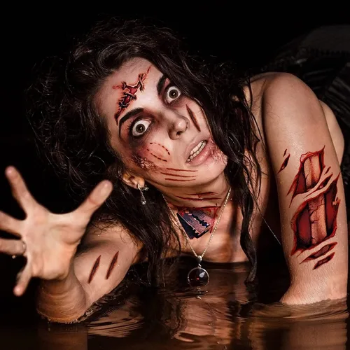 Vista 4 de Adhesivo de tatuaje facial temporal de Halloween, cicatriz de zombi 3D, herida sanguinolenta falsa para fiesta de cosplay, decoración de broma