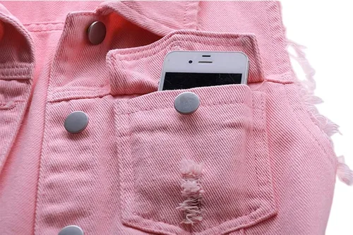 Vista 6 de JiangWu Chaleco de mezclilla para mujer, sin mangas, con botones, rasgado, casual
