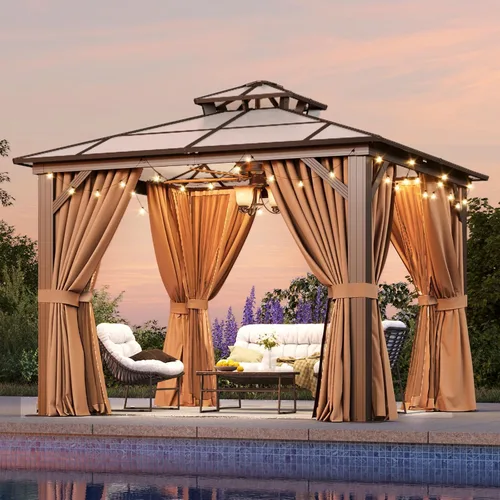 Vista 17 de Aoxun 10'x10' Outdoor Gazebo with Polycarbonate Roof Khaki Single Roof Caqui
