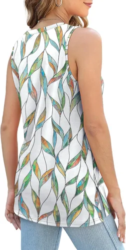 Vista 5 de XIEERDUO Camisetas sin mangas para mujer, cuello redondo, ajuste holgado, básicas, casuales, de verano, con abertura lateral, sin mangas