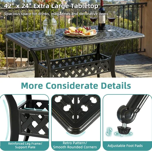 Vista 5 de MEETWARM Juego de 3 piezas de muebles de comedor de aluminio fundido para todo tipo de clima, incluye 2 sillas acolchadas y una mesa rectangular