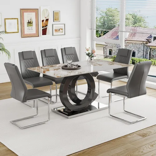 Vista 9 de Ebullient Juego de Mesa de Comedor Moderno para 4, Juego de 5 Piezas de Mesa de Comedor y Sillas para 4, Tablero de Mesa de Mármol PDLB y Base