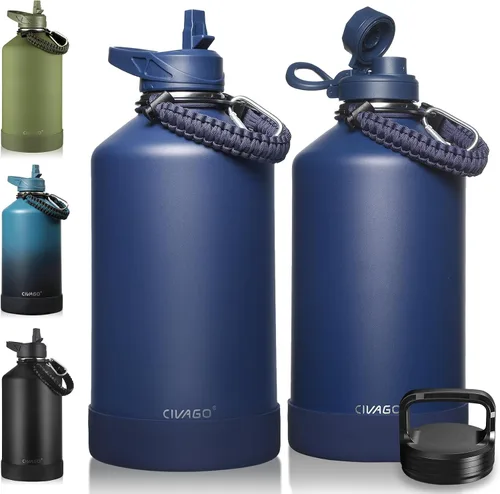 Vista 21 de CIVAGO Botella de agua aislada de 22 onzas con pajita, frasco de agua deportiva de acero inoxidable con 3 tapas