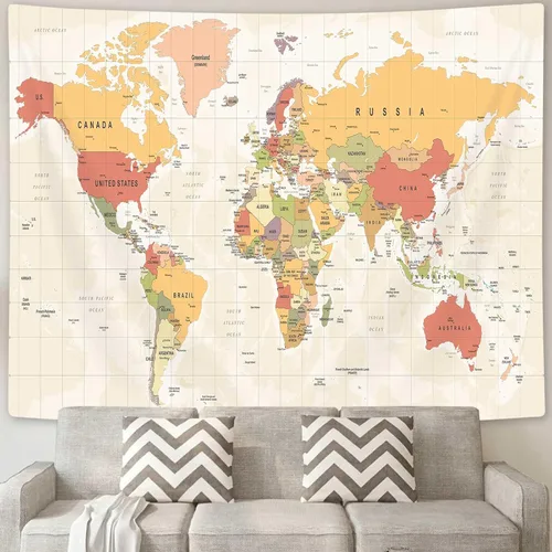 Vista 6 de ICTEISOM Tapiz de mapa del mundo para niños estudiantes, mapa del mundo con países y ciudades principales, tapiz de arte de pared póster tapices