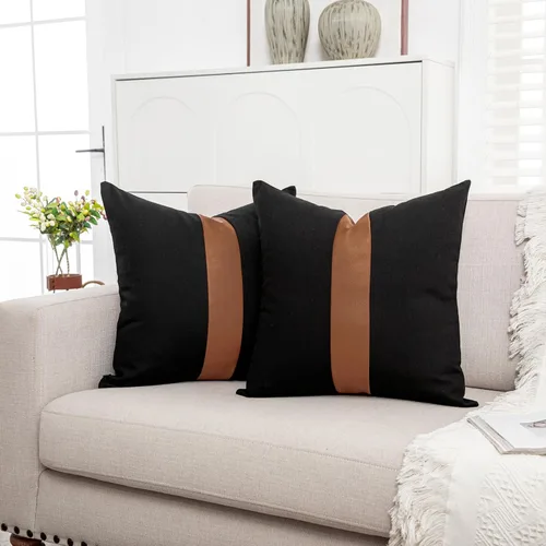 Vista 2 de Juego de 2 fundas de almohada negras y marrones de 18 x 18 pulgadas, fundas de almohadas modernas con rayas estilo granja para sofá, sala de estar