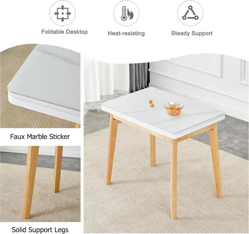 Vista 5 de Mesa de piedra sinterizada blanca con patas de madera de goma, escritorio plegable para computadora, escritorio de oficina plegable, adecuado